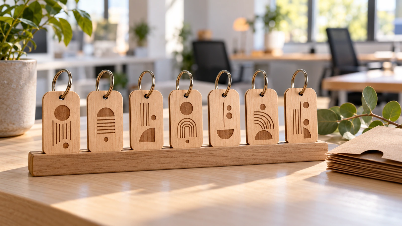 Reihe passender Holz-Schlüsselanhänger zur Mitarbeiterwertschätzung, jeweils mit einem anderen abstrakten Motiv graviert, stellvertretend für die Personalisierung mit Einzelnamen