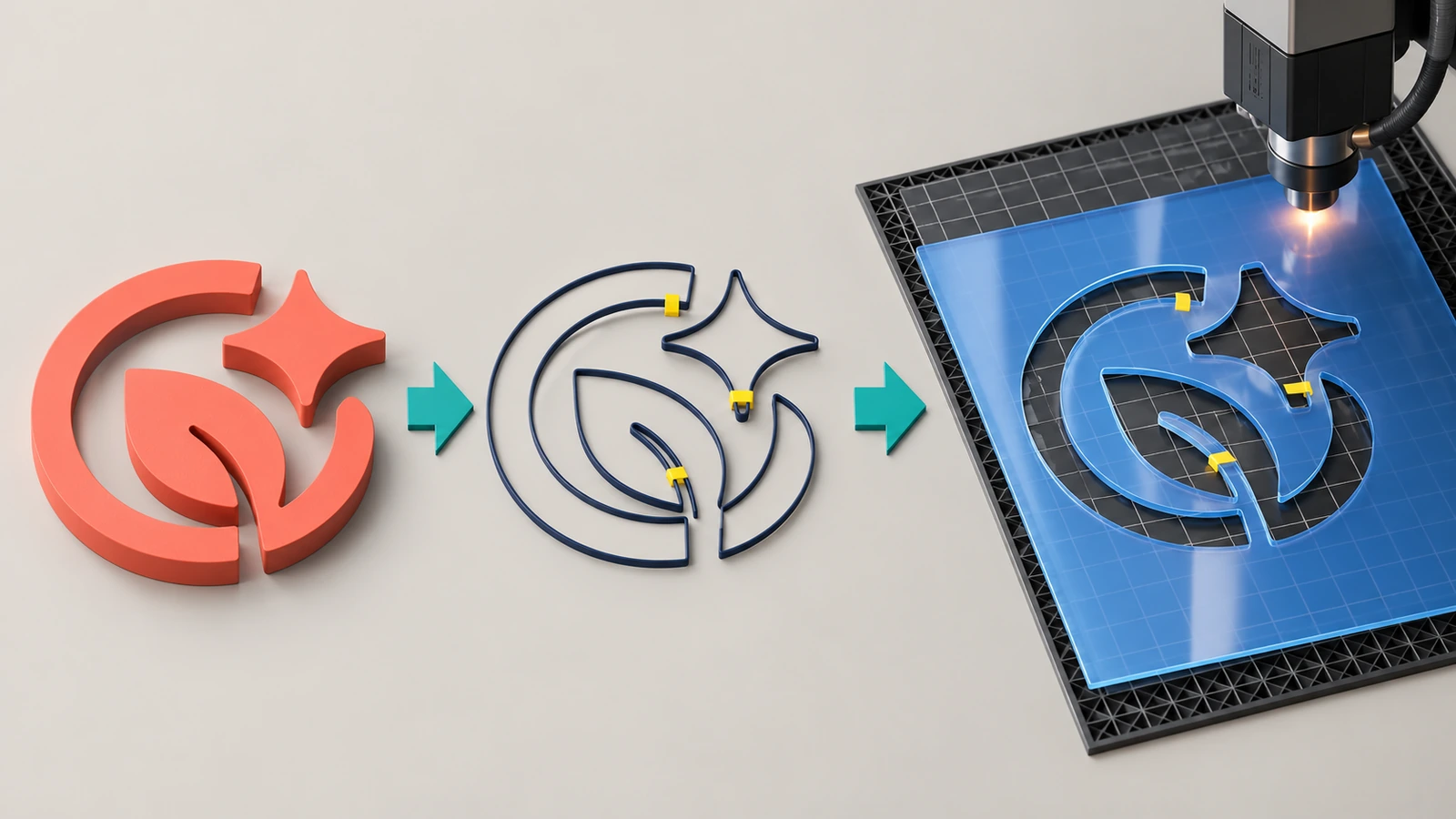 Ablauf von einer abstrakten Logoform über eine Vektorkontur mit hervorgehobenen Stegen bis zu einem fertig geschnittenen, durchscheinenden Schablonenbogen