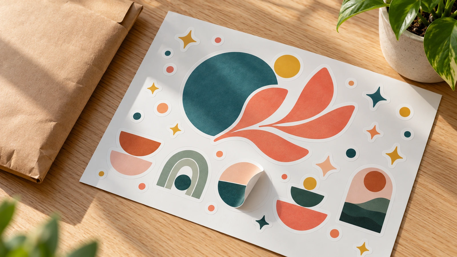 Fertiger Kiss-Cut-Stickerbogen auf einem Schreibtisch mit einer großen Hauptform, einer mittleren Stufe aus Icons und kleinen Füllformen in einem ausgewogenen Layout