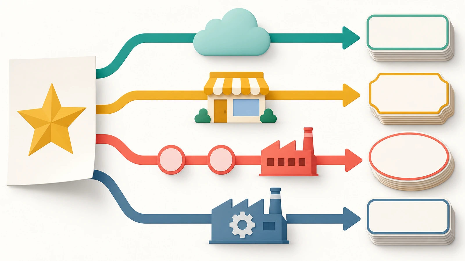 Diagramm mit vier Beschaffungswegen von der Druckvorlage einer Marke bis zum fertigen Aufkleber: Online-Shop, lokale Druckerei, Handelsagent und Direkthersteller, wobei Pfeile die Anzahl der Übergaben zeigen