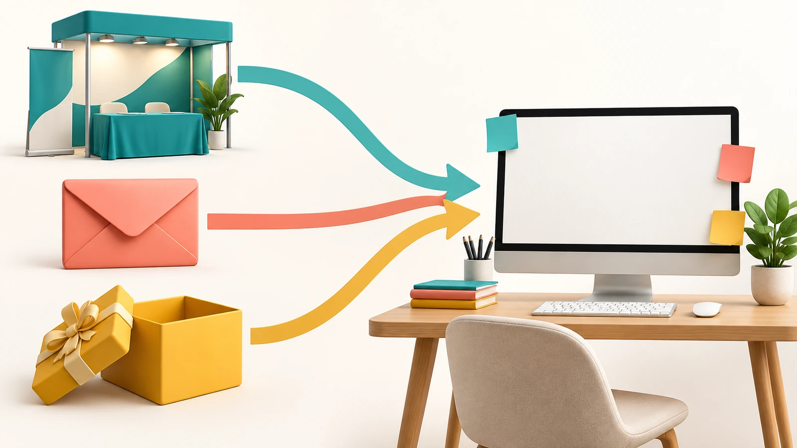 Diagramm mit drei Wegen für Werbe-Haftnotizen: ein Messestand, ein versendeter Umschlag und ein Willkommenspaket, jeweils mit Pfeilen zu einem Büroschreibtisch, an dessen Monitor farbige Notizblätter kleben