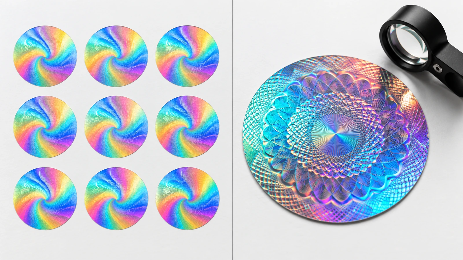 Direkter Vergleich identischer allgemeiner Regenbogen-Hologramm-Aufkleber mit einem eigenständigen, kundenspezifisch originierten Sicherheitshologramm mit einzigartigem optischen Muster