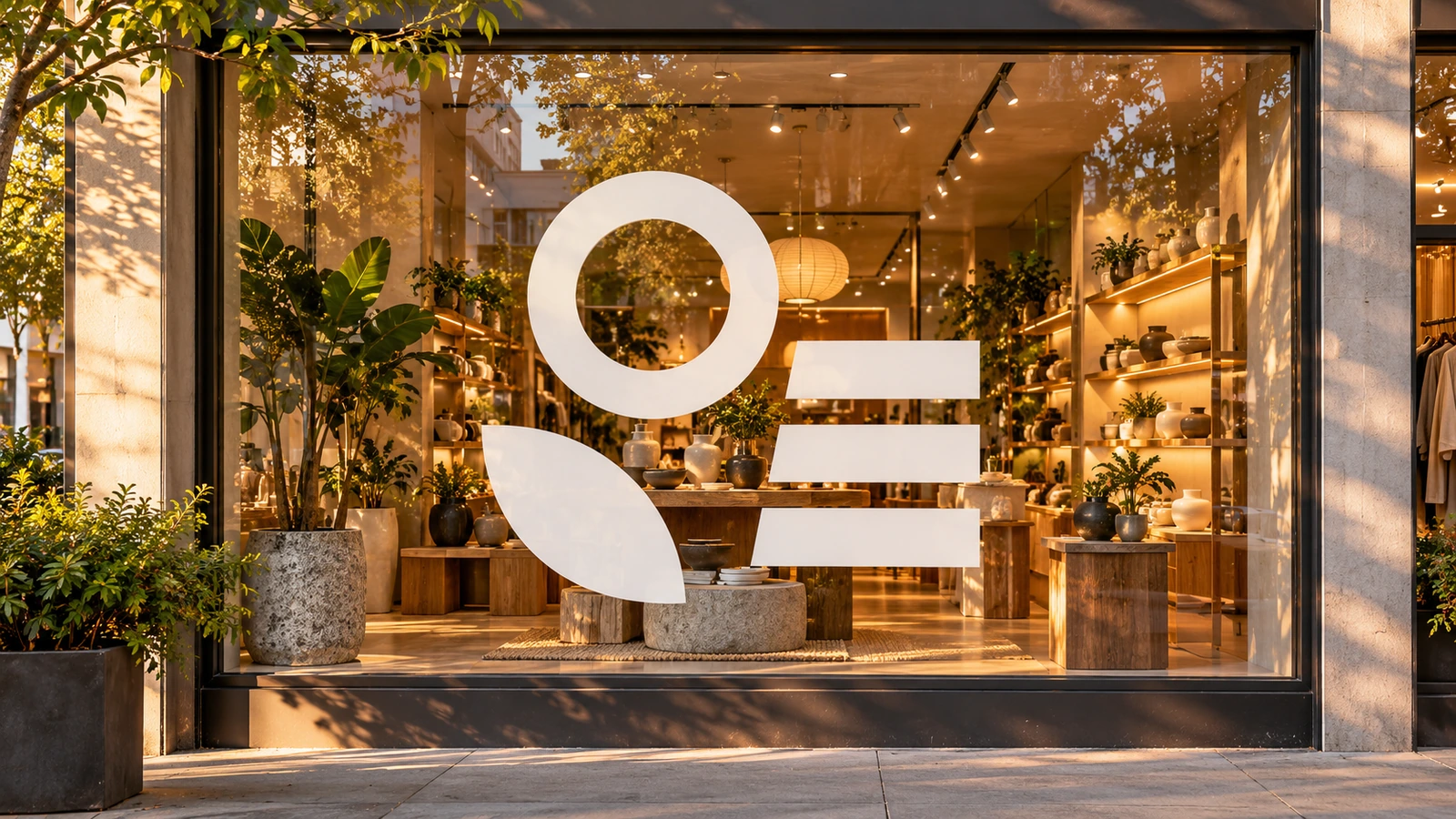 Schaufenster eines Ladengeschäfts mit einem einfarbigen Schneidvinyl-Emblem auf klarem Glas; der Innenraum ist durch die Lücken zwischen den Formen sichtbar