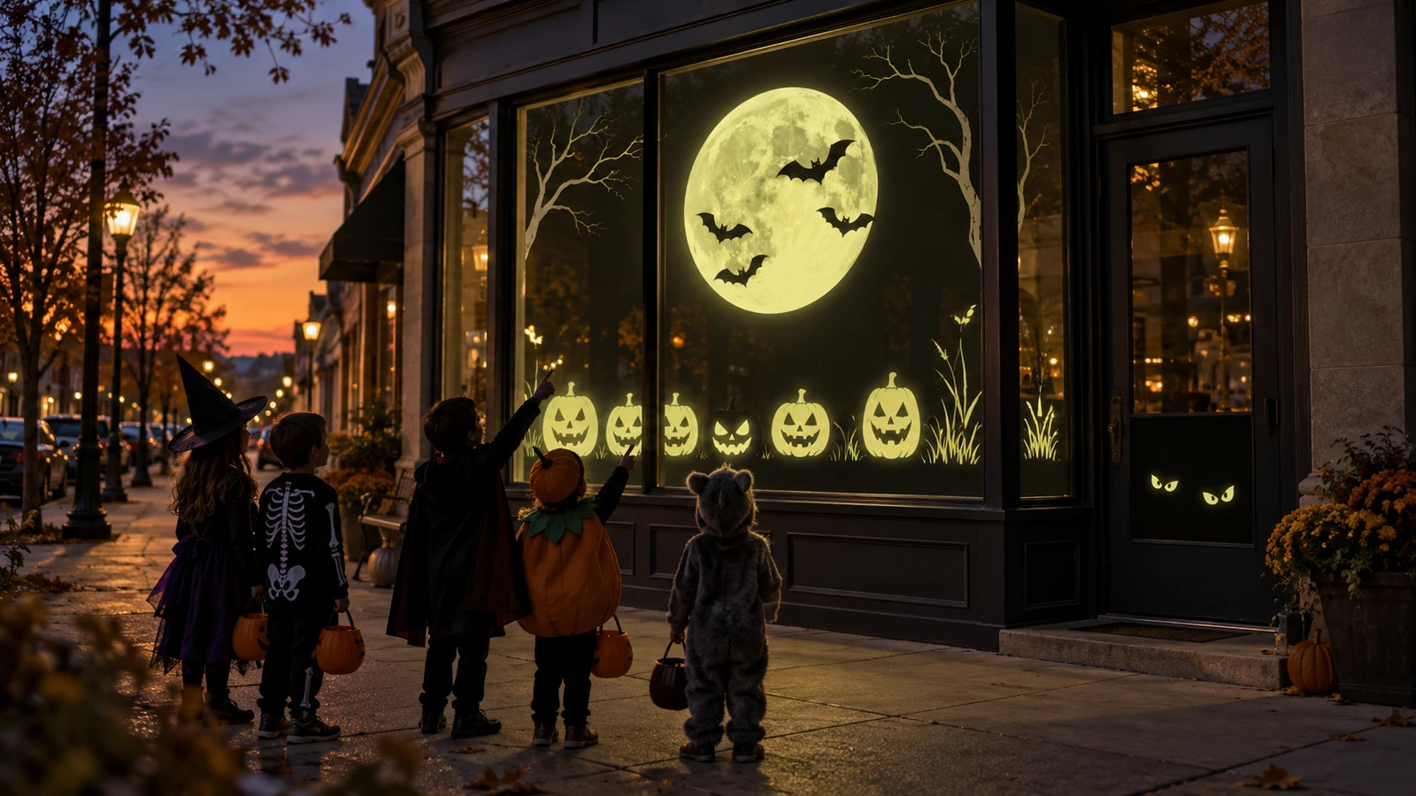 Schaufenster in der Dämmerung mit nachleuchtenden Fenster-Haftfolien: Mond, Fledermäuse und Kürbisgesichter leuchten über den Silhouetten von Kindern auf Süßigkeitentour