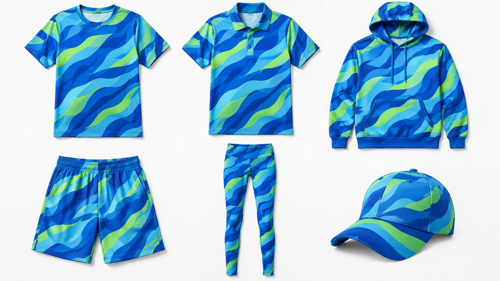 Abgestimmtes Sublimationsbekleidungs-Sortiment flach ausgelegt: Trikot, Poloshirt, Kapuzenpullover, Shorts, Leggings und Kappe mit einem gemeinsamen abstrakten Farbmuster