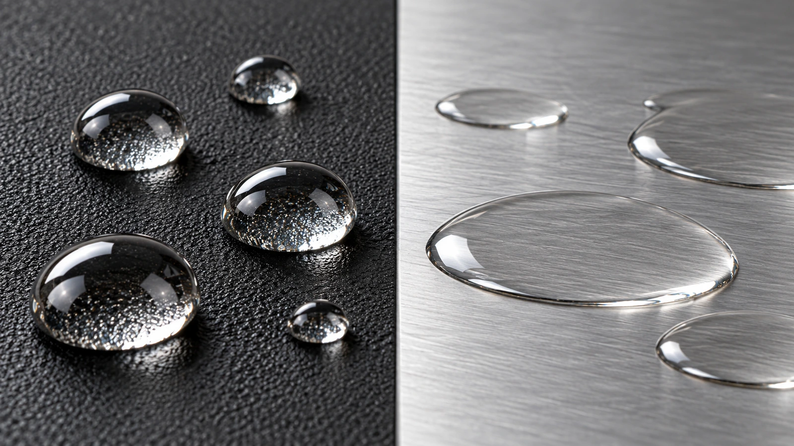 Wassertropfen, die auf einer strukturierten Kunststoffoberfläche stark perlen und auf gebürstetem Metall flach verlaufen, veranschaulichen niedrige gegenüber hoher Oberflächenenergie