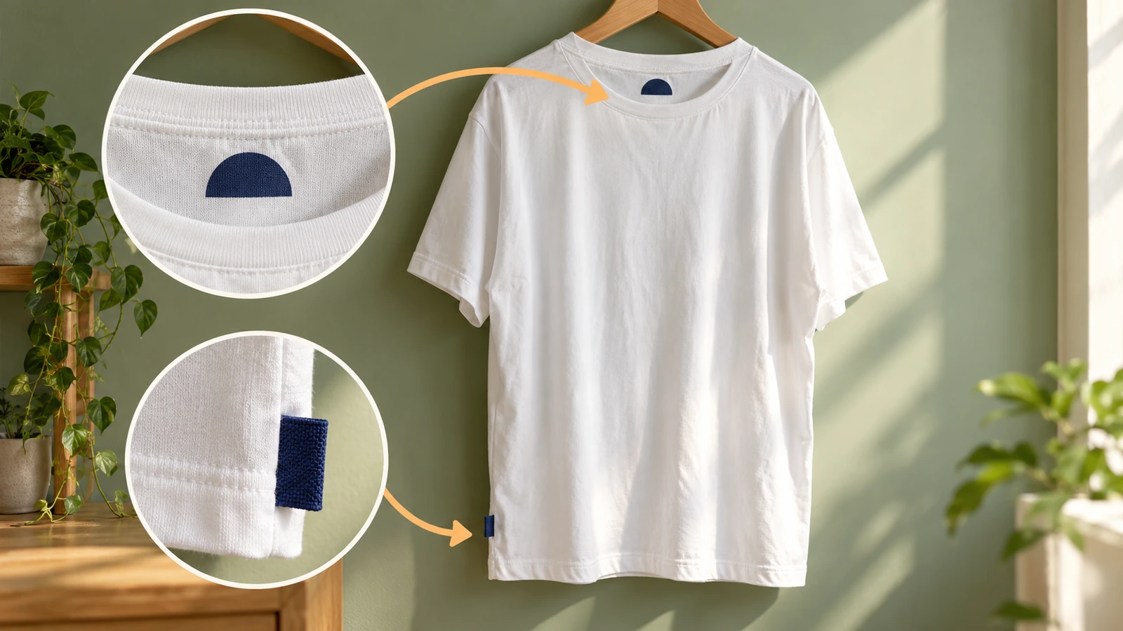 T-Shirt mit einer etikettenlosen Druckkennzeichnung innen im Nacken und einem gewebten Fähnchenetikett am Seitensaum, mit Pfeilen, die beide Positionen verbinden