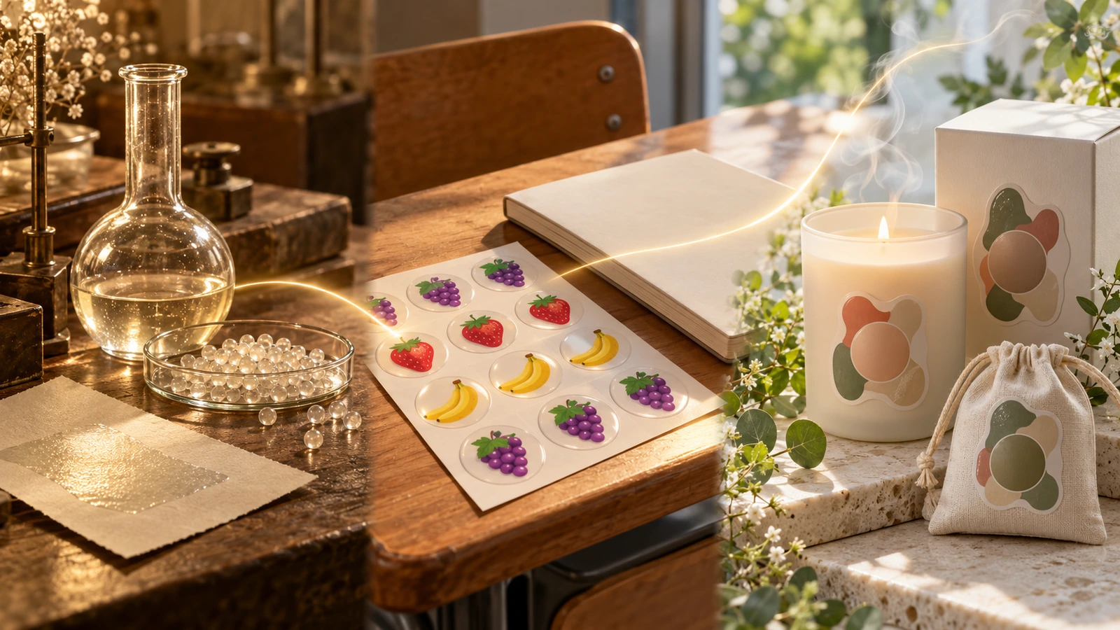 Stillleben in 3 Bildfeldern: von einer historischen Labor-Papierprobe über einen Bogen mit Obstaufklebern im Stil der 1980s bis zu einer modernen Markenkerzenschachtel mit kreisförmiger Duftzone
