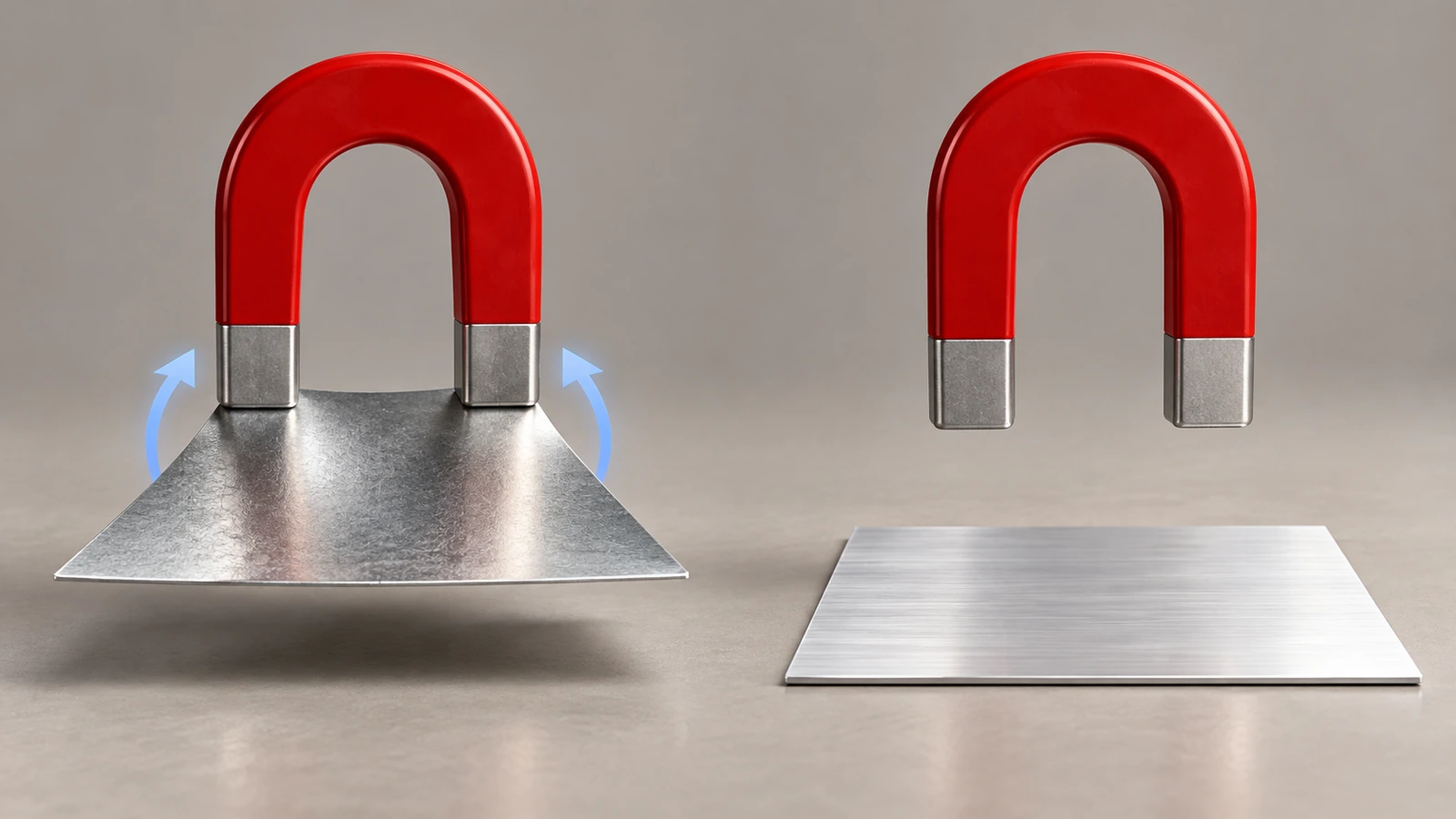 Ein silbernes Weißblech, das ein Hufeisenmagnet hält, liegt neben einem Aluminiumblech, das der Magnet nicht anzieht, auf neutralem Studiohintergrund
