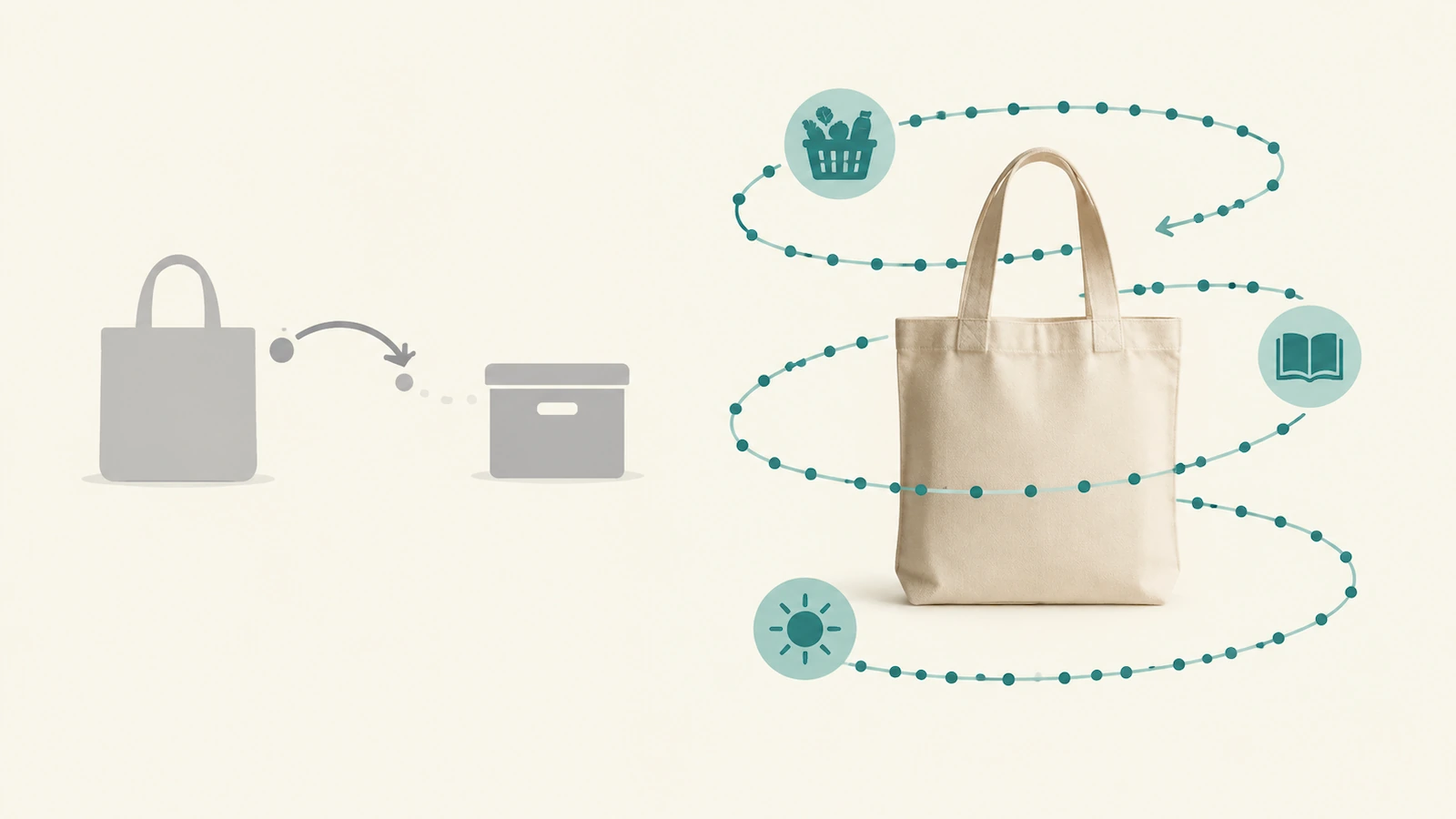 Diagramm: eine leichte Tasche mit kurzer Schleife von Wiederverwendungszyklen im Gegensatz zu einer schweren Canvas-Tasche mit langer Kette von Wiederverwendungszyklen