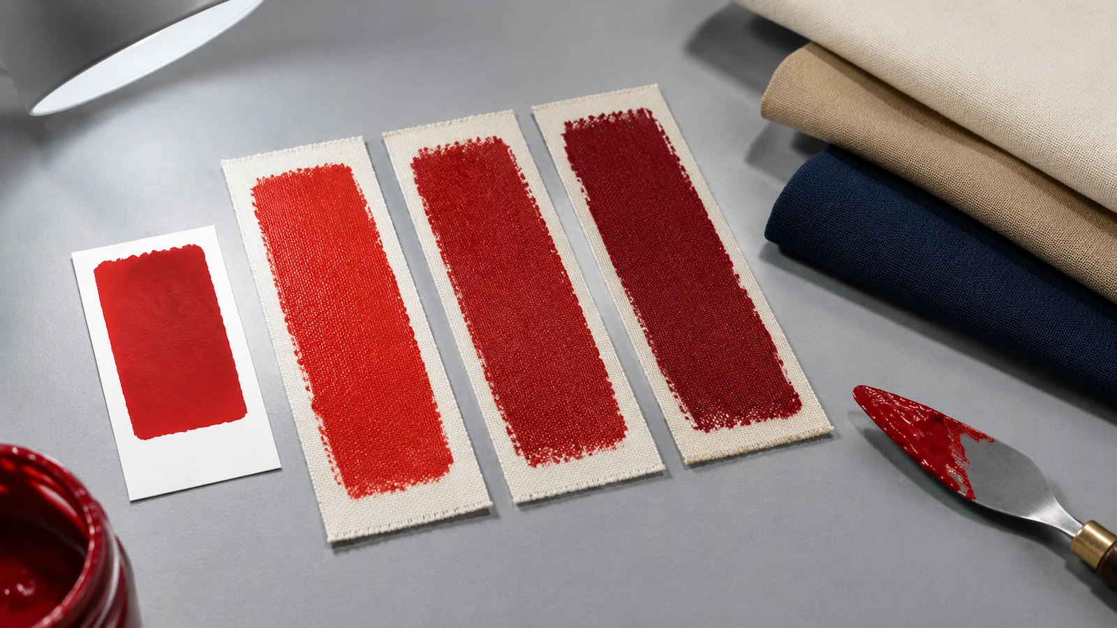 Farbaufstriche auf Canvas-Streifen neben farbigem Taschenstoff unter einer Neutral-Tageslichtlampe zur Farbabstimmung