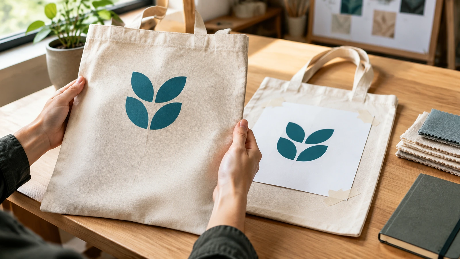 Hände halten eine bedruckte Mustertasche neben einem Papiermuster des Motivs auf einem Arbeitstisch und vergleichen Druckposition und Farbe bei Tageslicht