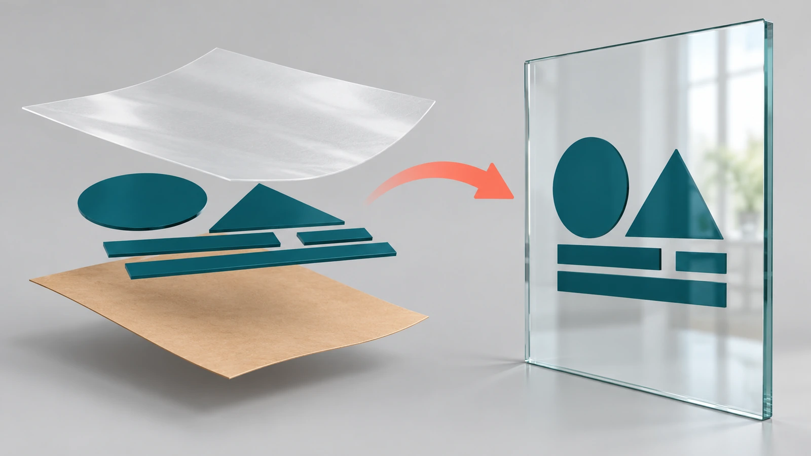 Explosionszeichnung eines Transferaufklebers mit Trägerpapier, einzelnen Schneidvinyl-Formen und Übertragungsfolie; ein Pfeil zeigt, wie die Formen auf eine Glasscheibe übertragen werden