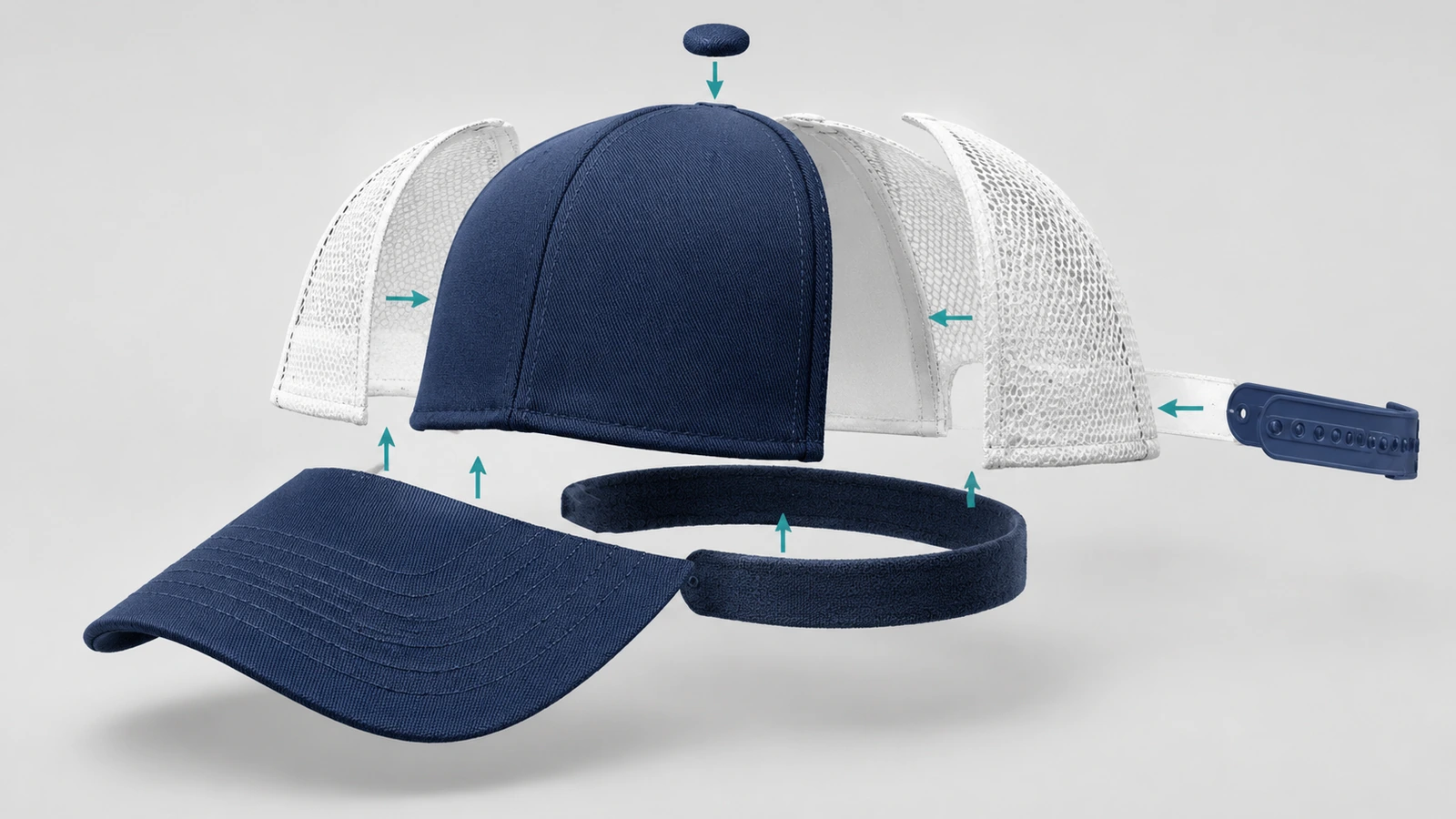 Explosionsdarstellung einer hochwertigen individuellen Trucker-Cap mit Frontpanel, Rückpanels aus Netzgewebe, Schirm, Schweißband und Snapback-Verschluss als einzelnen Bauteilen