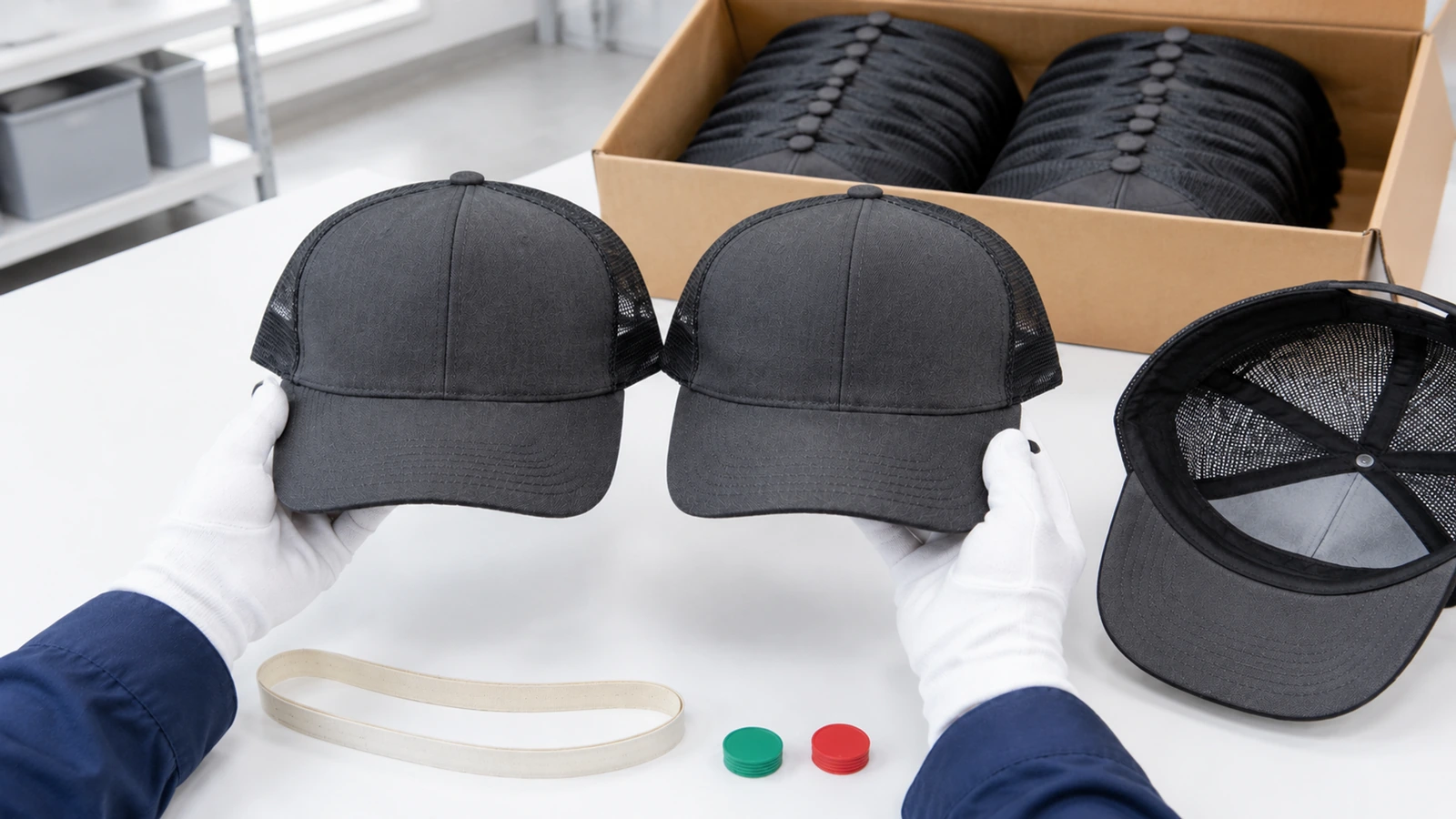 Prüfer vergleicht eine Trucker-Cap aus dem Serienlos mit einem versiegelten Referenzmuster auf einem tageslichtbeleuchteten Prüftisch