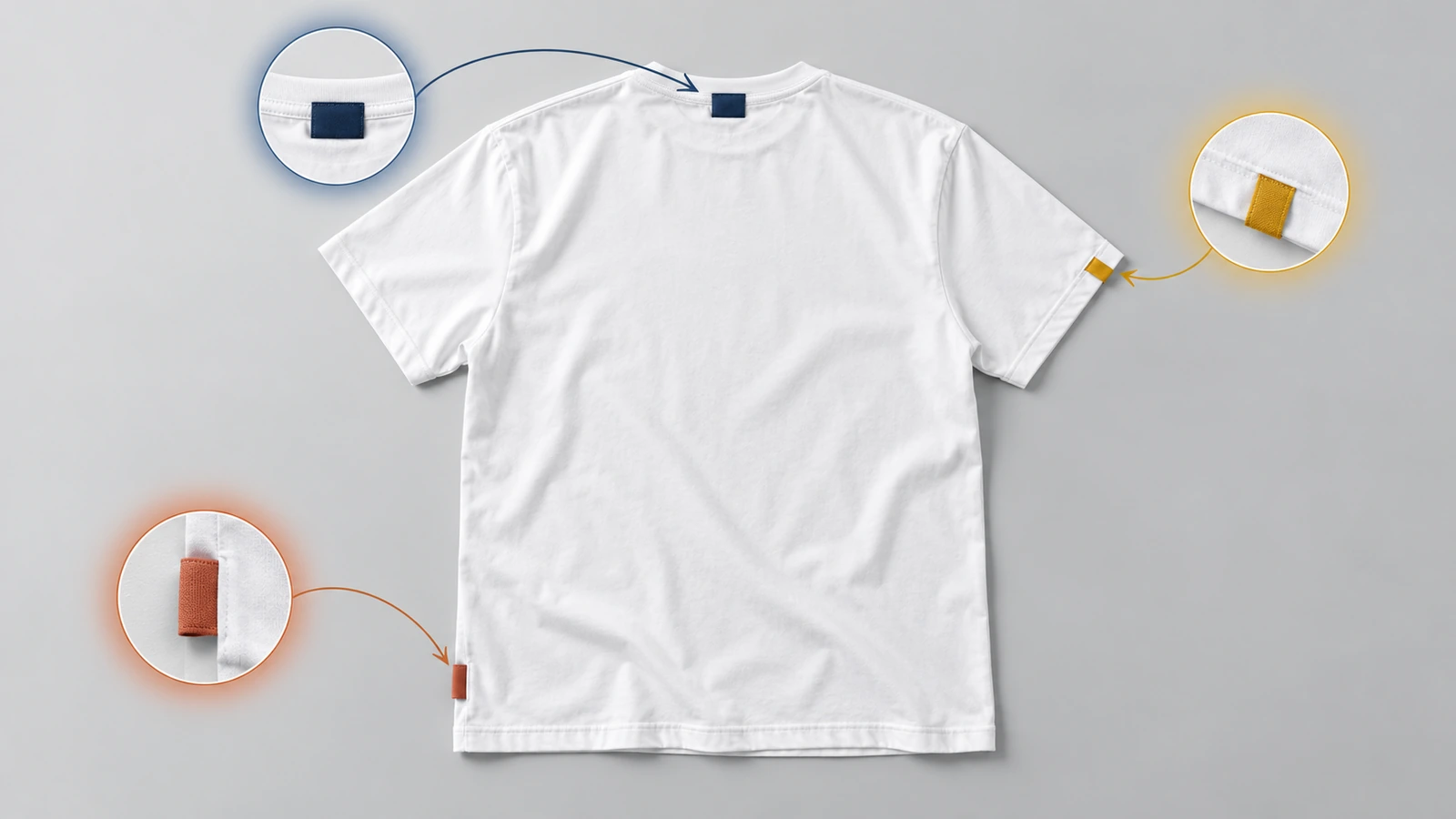 Rückansicht eines flach ausgelegten T-Shirts mit farbigen Markierungen am hinteren Nacken in der Mitte, am linken Seitensaum und am Ärmelsaum, die die drei Positionen für Webetiketten zeigen