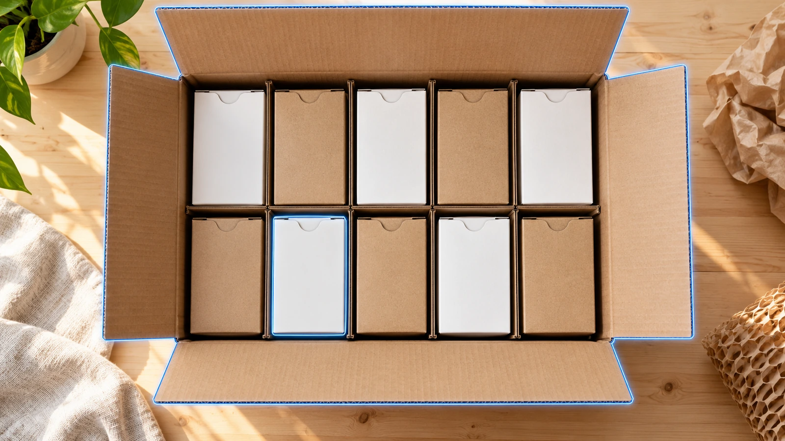 Steckfaltschachteln für den Einzelhandel, aufrecht in einem offenen Umkarton aus Wellpappe verpackt; Verkaufsschachtel und Transportkarton wirken als ein System zusammen