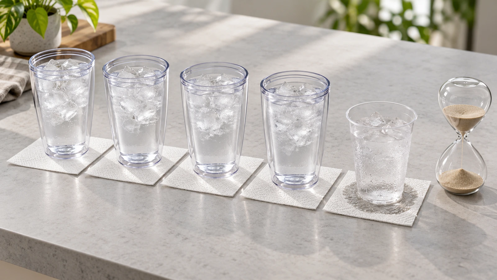 Tischtestaufbau mit einer Reihe unbedruckter doppelwandiger Kunststoff-Tumbler, gefüllt mit Eiswasser, unter jedem Becher ein weißes Küchenpapier und eine Sanduhr, bei weichem Tageslicht