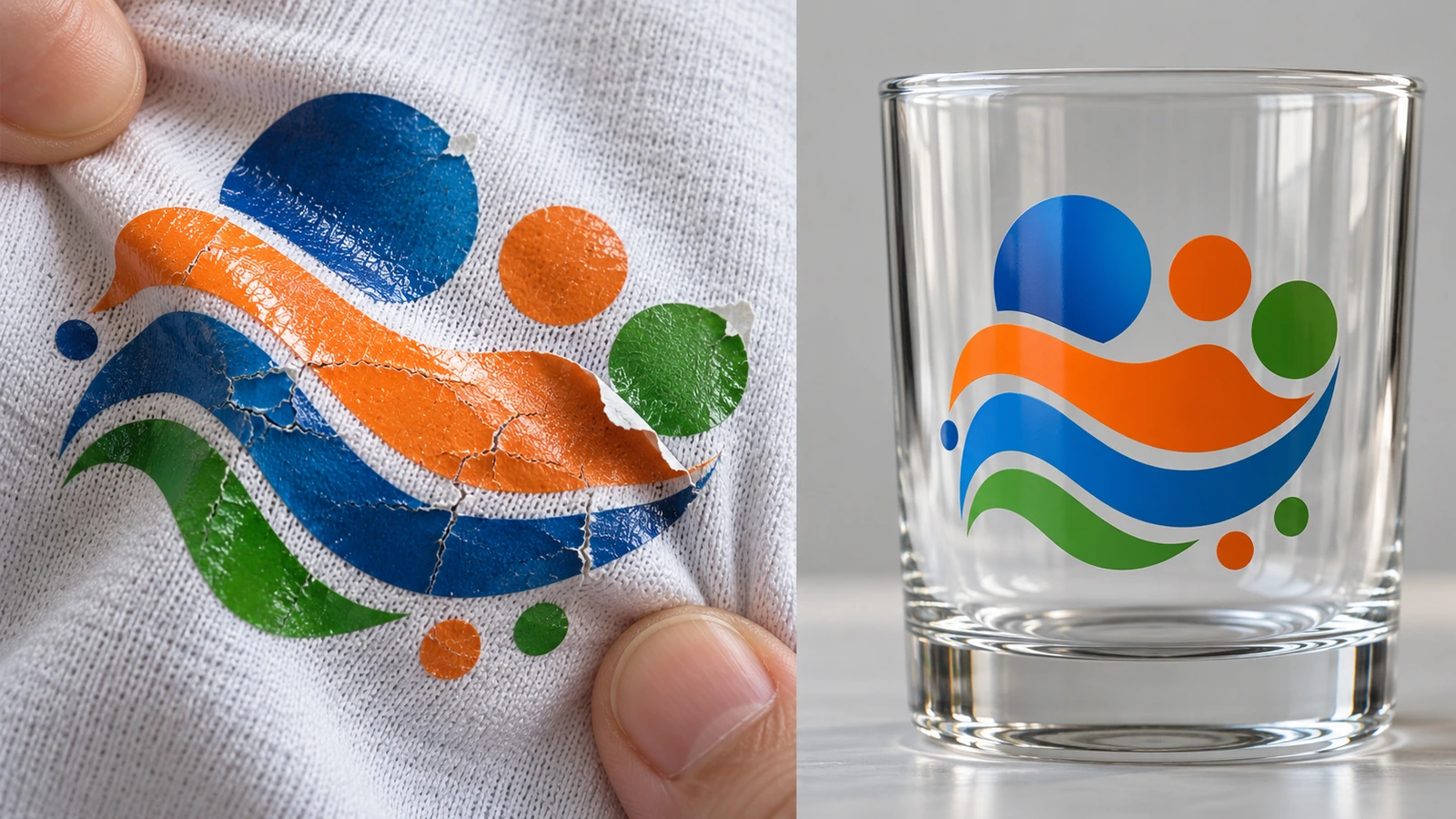 Starres UV-DTF-Decal, das auf gedehntem Baumwollstoff eines T-Shirts reißt und sich löst, neben einem intakten UV-DTF-Decal auf einem glatten Glas-Trinkbecher