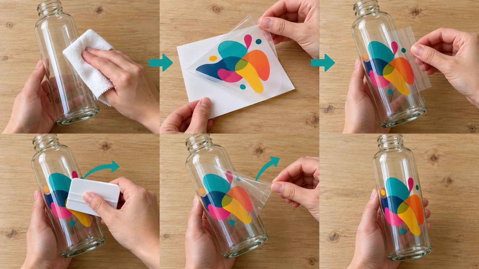 Bildfolge aus 6 Einzelbildern: Hände reinigen eine Glasflasche, ziehen die Trennfolie ab, positionieren eine Grafik, reiben sie mit einem Rakel an und ziehen eine transparente Folie in flachem Winkel ab