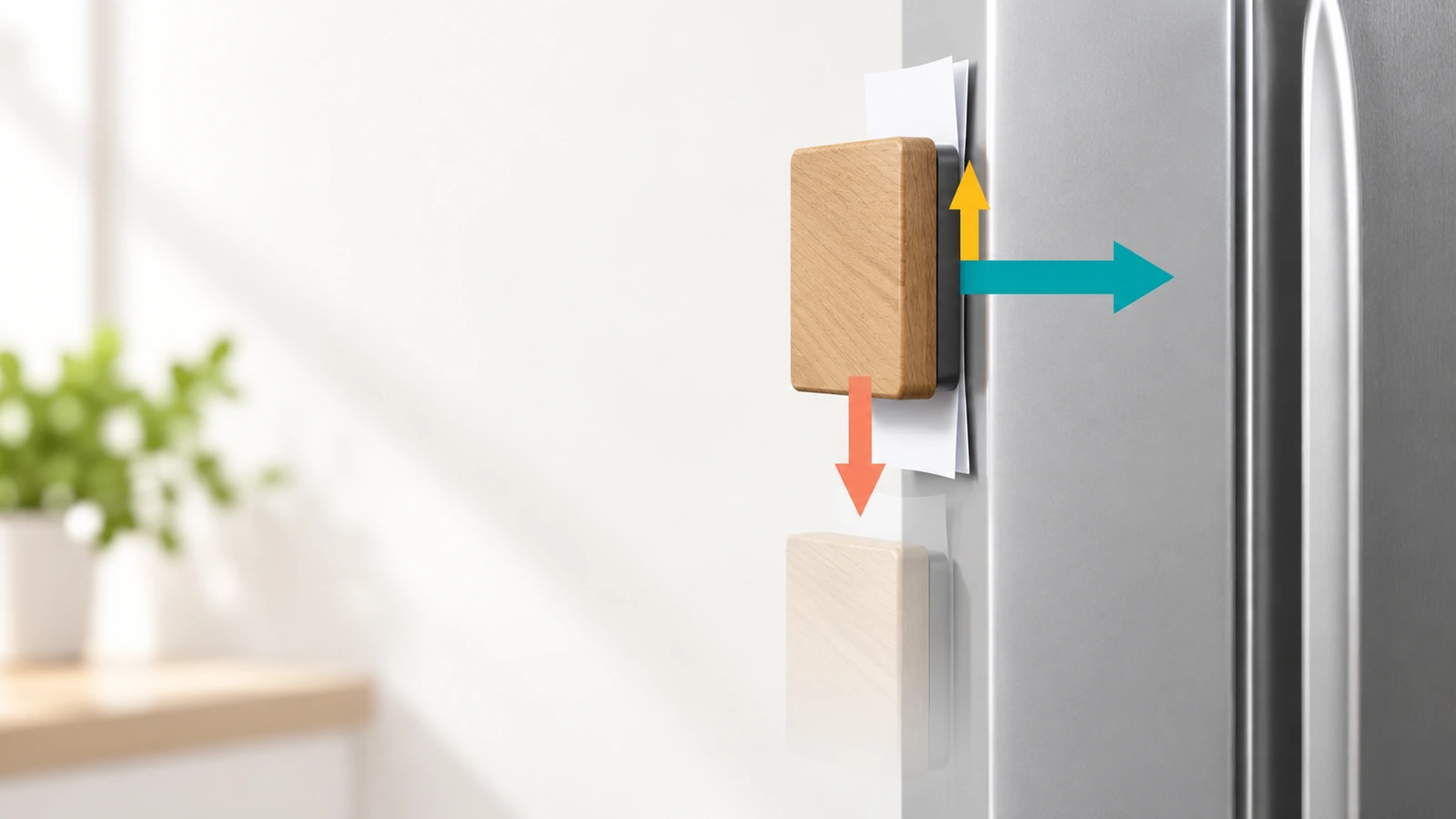Diagramm eines Holzmagneten an einer senkrechten Stahltür mit Pfeilen für magnetische Anpresskraft, nach unten wirkendes Gewicht und nach oben wirkende Reibung