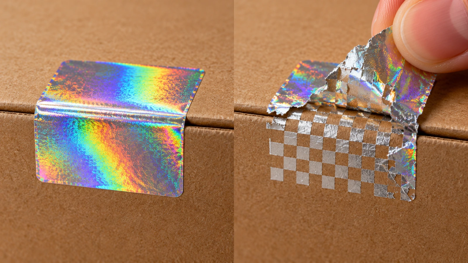Vorher-nachher-Ansicht eines silbernen Hologramm-Siegels auf einem Karton: links das intakte Etikett, rechts das abgezogene Etikett, das ein schachbrettartiges Rückstandsmuster hinterlässt