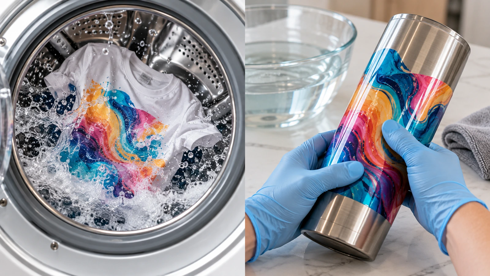 Musterprüfung im direkten Vergleich: ein bedrucktes Muster-T-Shirt in der Trommel einer Waschmaschine und eine behandschuhte Hand, die den Rand eines Decals auf einem Stahl-Trinkbecher andrückt