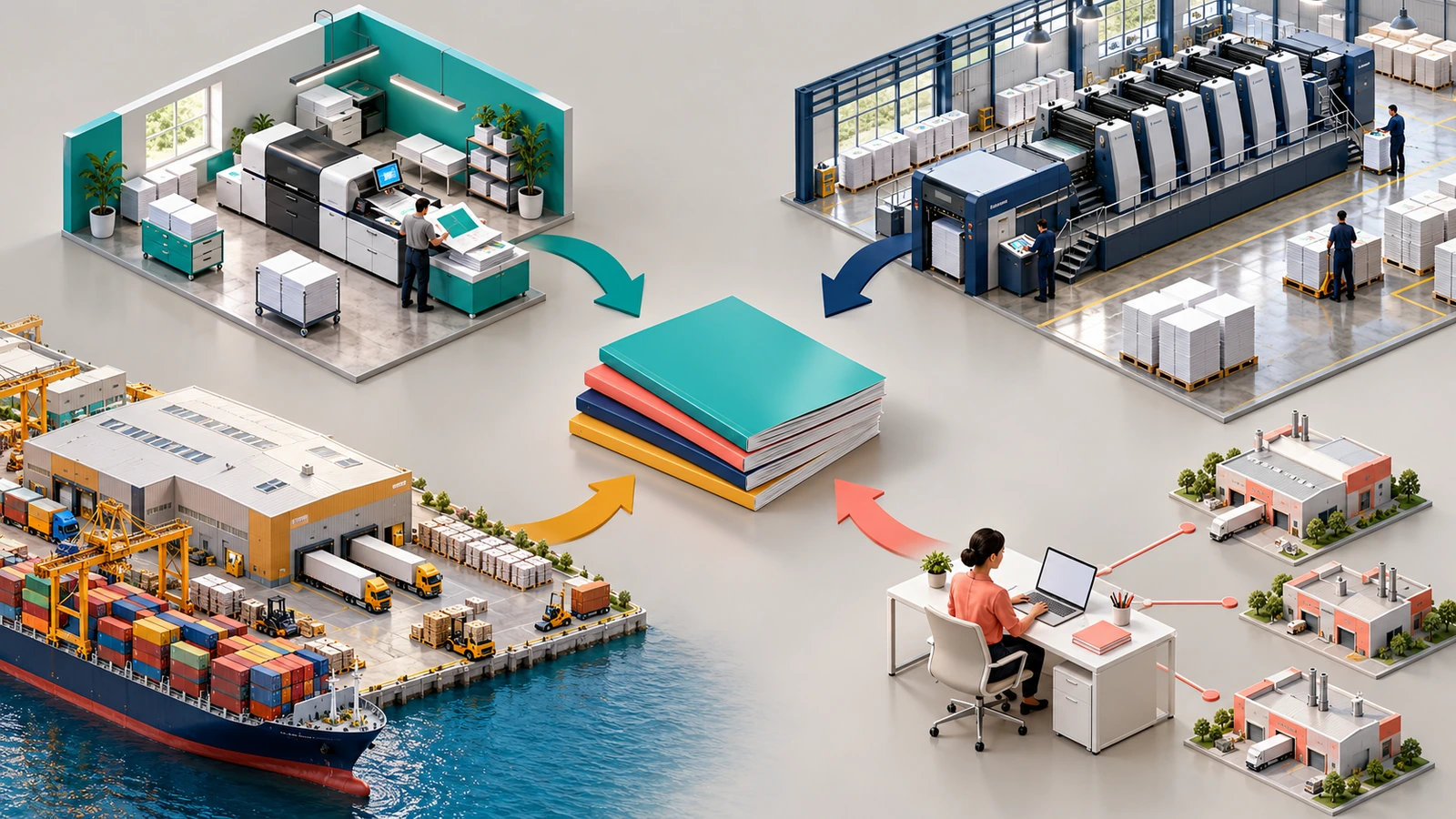 Vier Arten von Magazindruck-Partnern: eine kleine Druckerei, eine große Offsetdruck-Maschinenhalle, eine Fabrik mit Versandcontainern und eine zentrale Koordinationsstelle, alle durch Pfeile mit einem Stapel fertiger Magazine verbunden