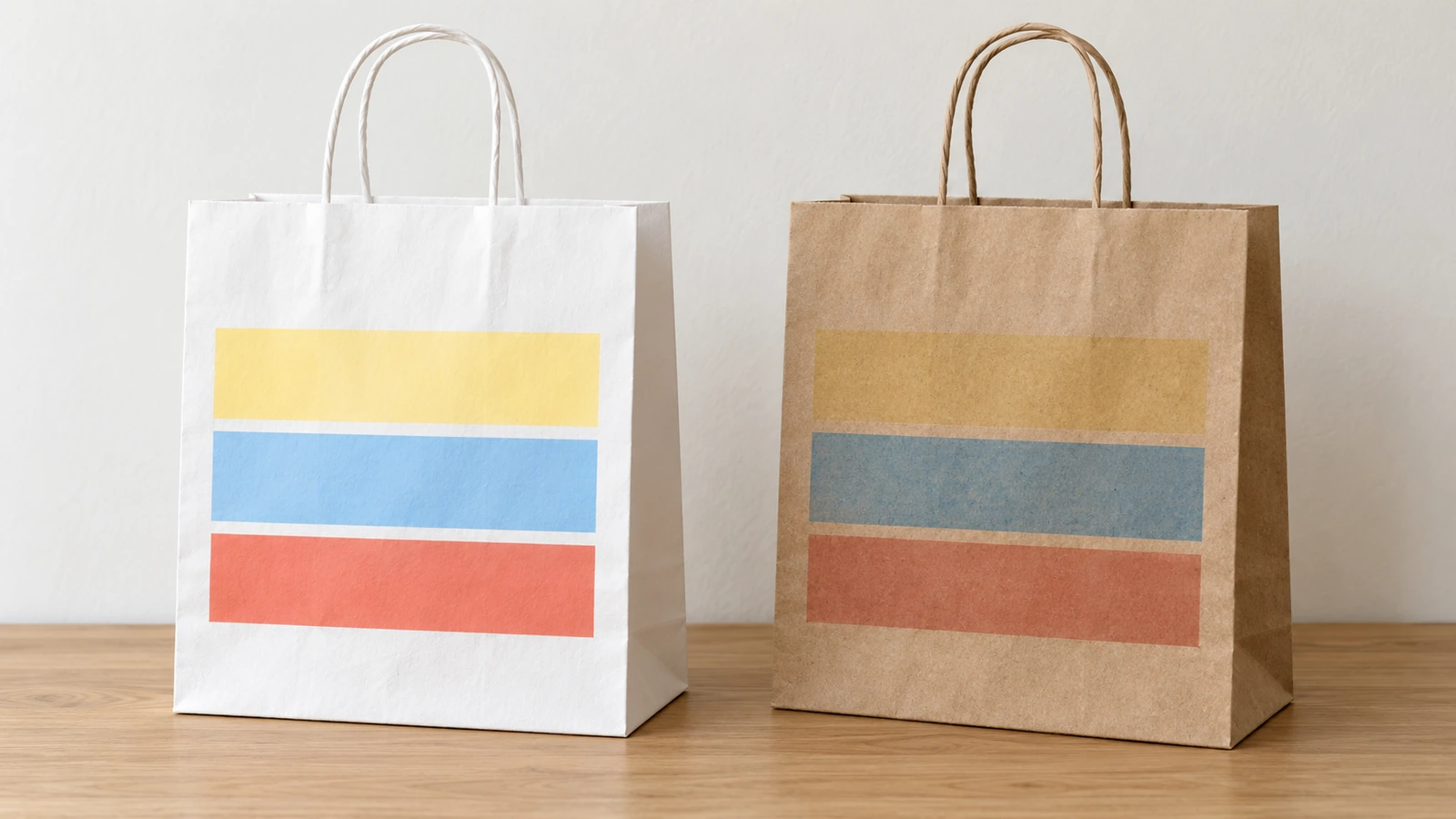 Tragetaschen aus weißem und braunem Kraftpapier in identischer Form nebeneinander, beide mit demselben abstrakten Farbblockmuster bedruckt, um zu zeigen, wie das Grundpapier die Farbe verändert