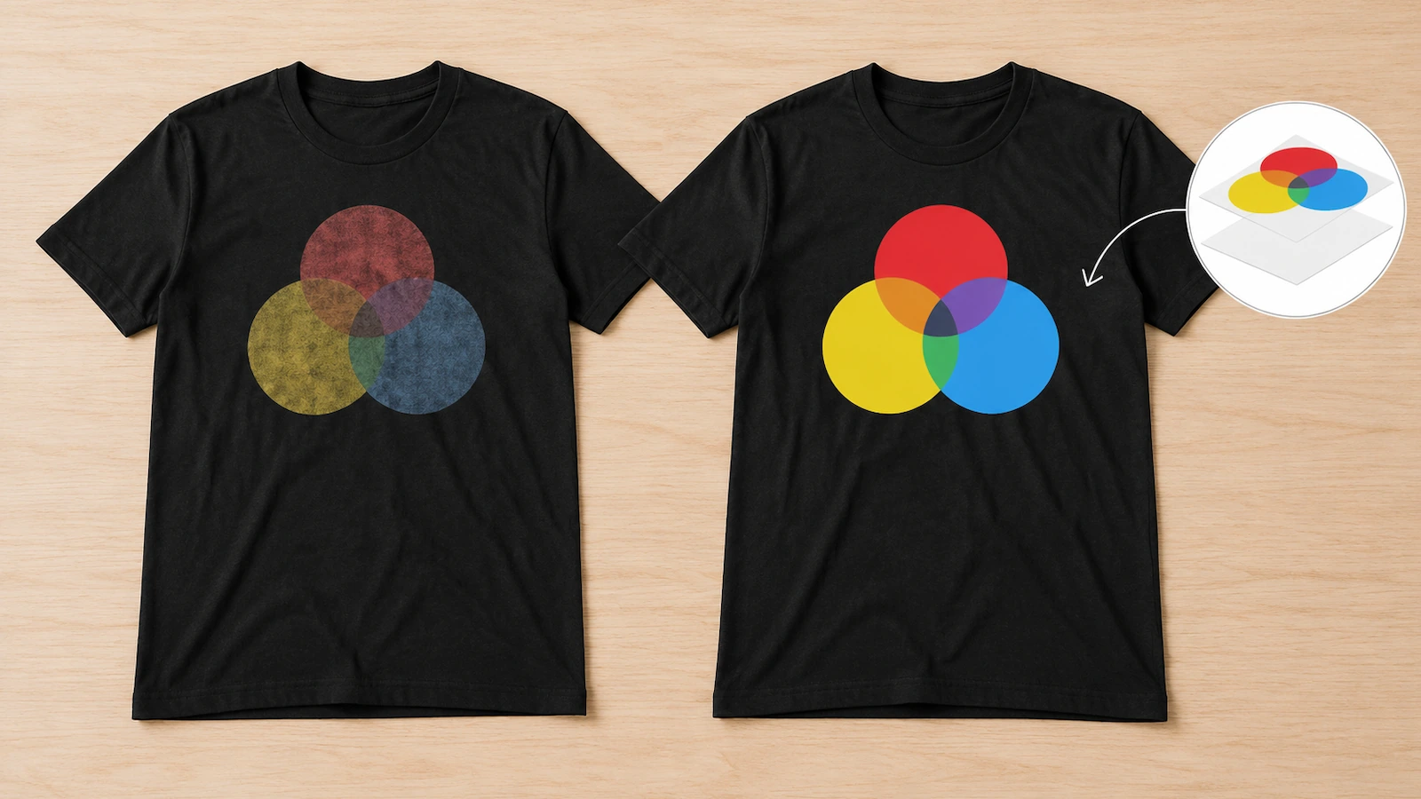 Zwei identische schwarze T-Shirts nebeneinander, eines mit stumpfem Druck ohne Unterdruck und eines mit leuchtendem Druck auf weißem Unterdruck