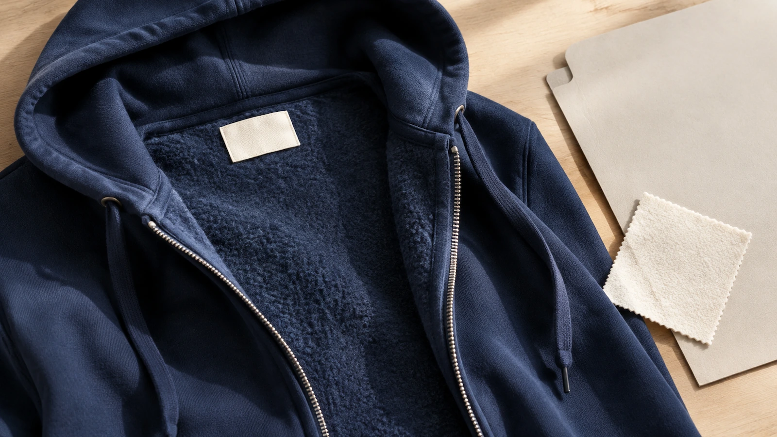 Nahaufnahme der Halsinnenseite eines Fleece-Zip-Hoodies mit eingenähtem Textiletikett und dem freiliegenden gerauten Innenfutter entlang des geöffneten Reißverschlusses, als Illustration der Prüfungen zu Entflammbarkeit und Kennzeichnung