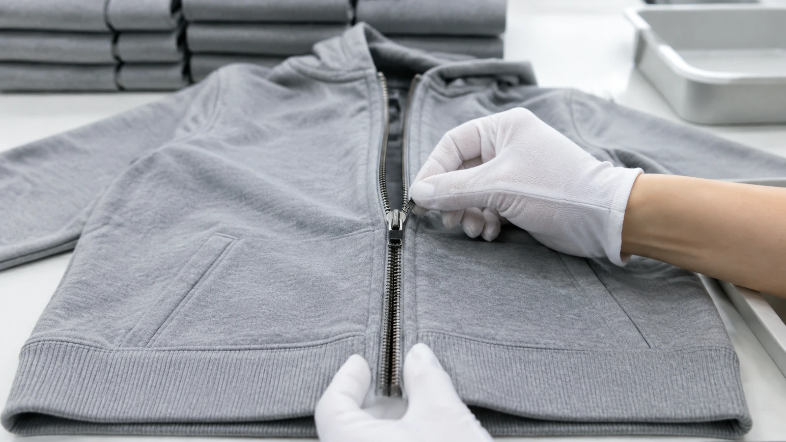 Hände eines Qualitätsprüfers, der an einem Prüftisch einen Hoodie-Reißverschluss über den gesamten Weg führt, um zu prüfen, ob die Leiste flach liegt und die Säume bündig abschließen