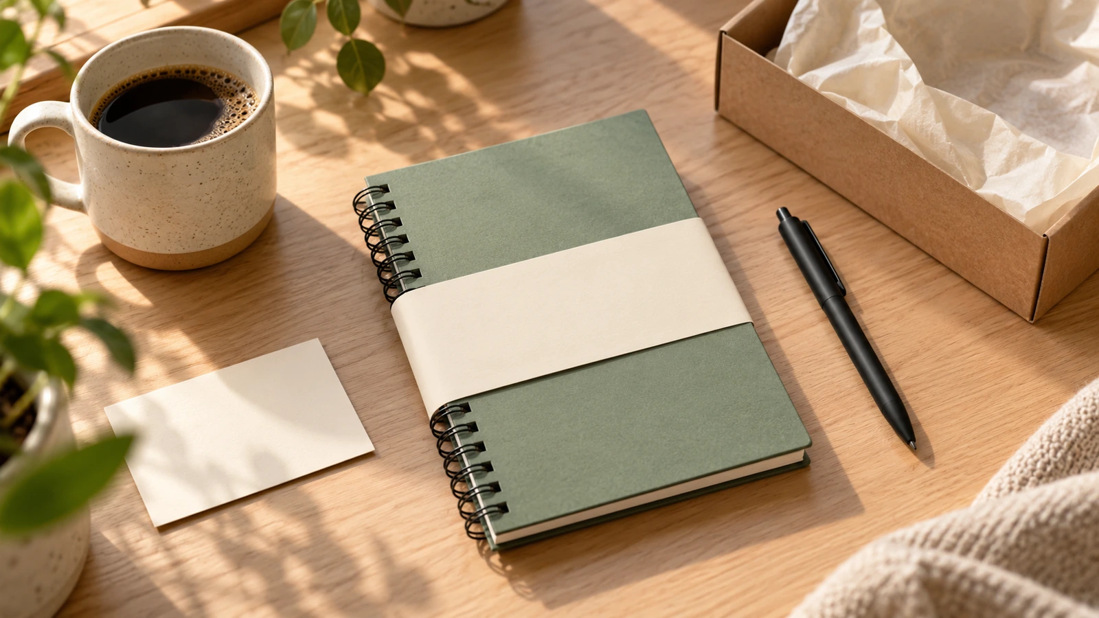 Willkommenspaket für neue Mitarbeiter auf einem Schreibtisch mit einem drahtgebundenen Notizbuch in einer schlichten farbigen Hülle, einem Stift und einer kleinen leeren Karte, bei weichem Tageslicht