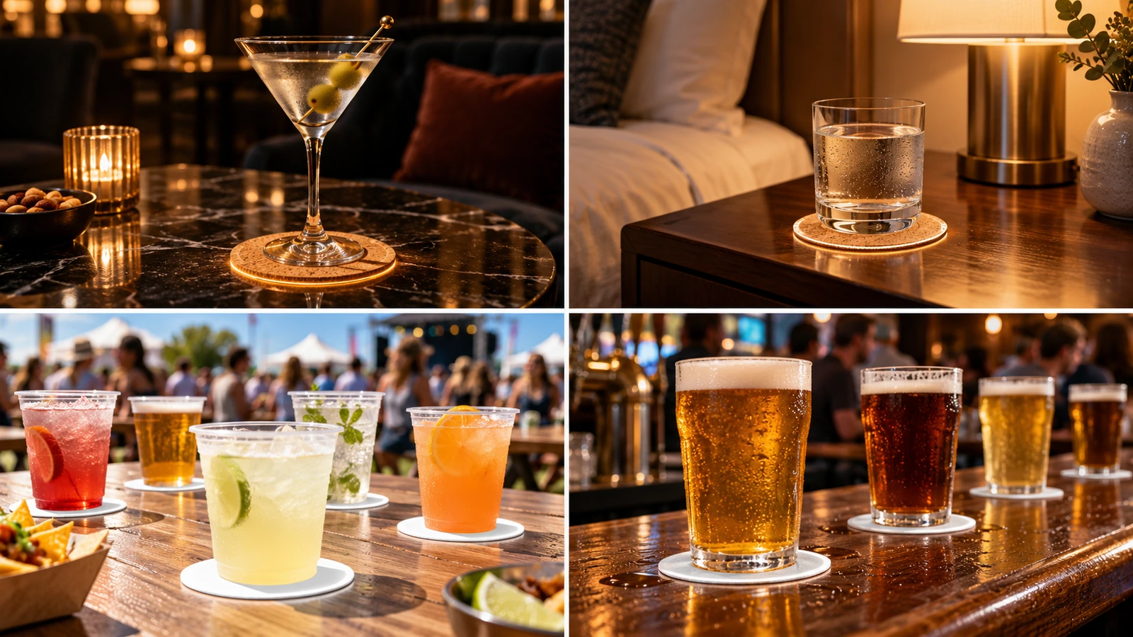 Vier Veranstaltungsszenen mit bernsteinfarbenen Korkuntersetzern in einer Lounge und einem Hotelzimmer sowie weißen Pulpe-Untersetzern bei einem Festival und in einer belebten Bierbar