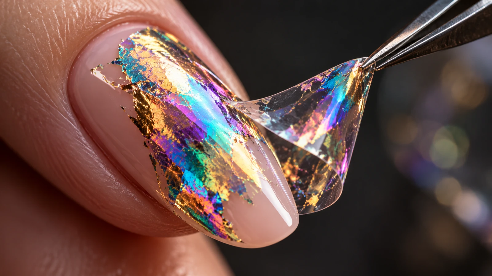 Makroaufnahme eines holografischen Metallfolien-Transfers auf einem Gelnagel mit farbwechselnder Tiefe auf einer flachen Oberfläche