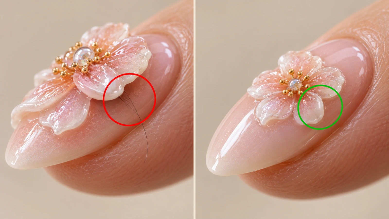 Nahaufnahme im Vergleich: ein erhabenes Nagel-Decal, das sich an einer gewölbten Nagelkante abhebt, und ein kleineres Decal, das flach und versiegelt aufliegt