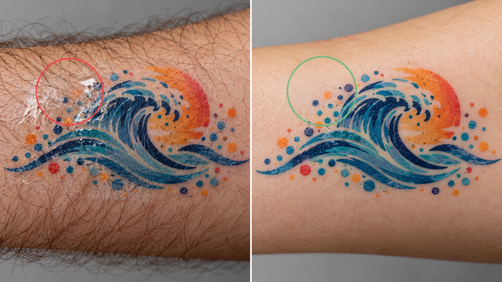 Geteilte Makroansicht: Links hebt sich ein temporäres Tattoo mit winzigen Luftblasen über Armhaaren ab, rechts haftet ein glattes, vollständig anliegendes Tattoo auf haarfreier Haut