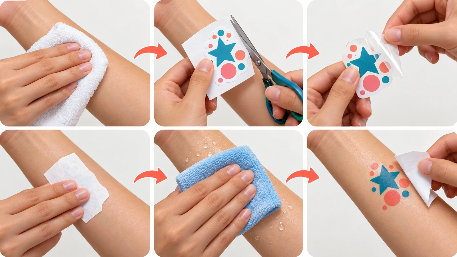 Sechsstufige Abfolge: Hände reinigen einen Unterarm, ein Tattoo wird zugeschnitten, die transparente Folie wird abgezogen, das Motiv mit der bedruckten Seite nach unten angedrückt, ein feuchtes Tuch darauf gehalten und das Papier abgehoben