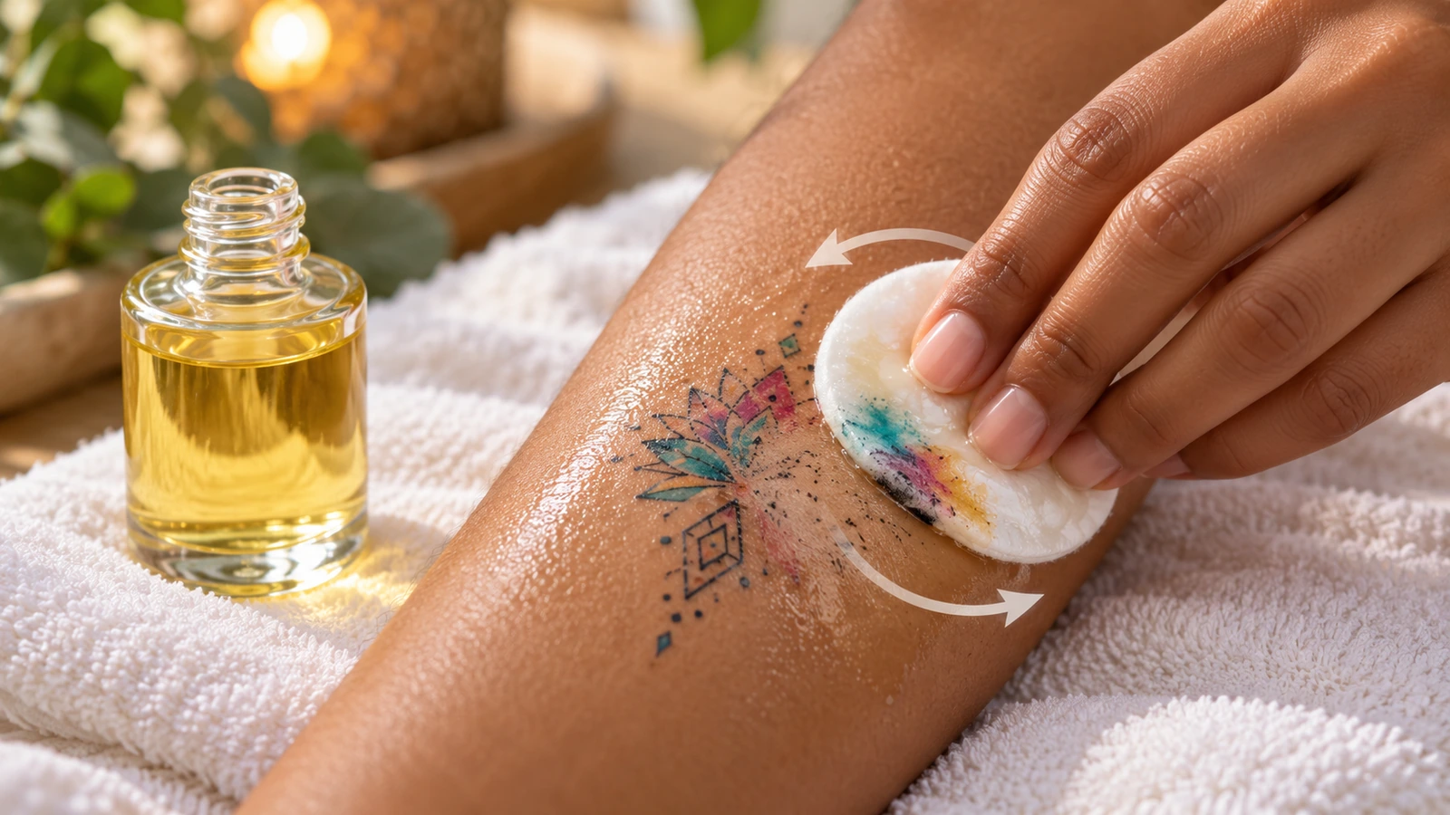 Nahaufnahme eines mit klarem Öl getränkten Wattepads, das ein verblassendes temporäres Tattoo von einem Unterarm abhebt, mit weichen kreisförmigen Pfeilen, die die Wischbewegung zeigen