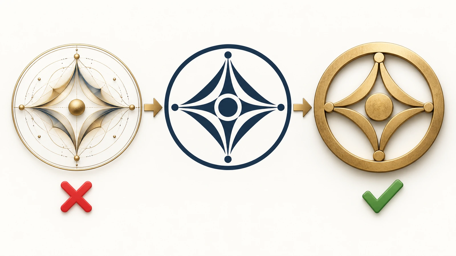 Dreistufiges Diagramm, das ein aufwendiges Emblem in kräftige, massive Formen mit offenen Flächen vereinfacht, durch Pfeile verbunden, bereit für die Gravur eines Wachssiegelstempels