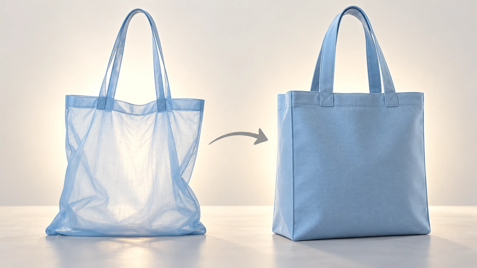 Direktvergleich einer dünnen, lichtdurchlässigen leichten Polyestertasche mit einer dicken, strukturierten schweren Tote Bag, der den Unterschied im Stoffgewicht zeigt