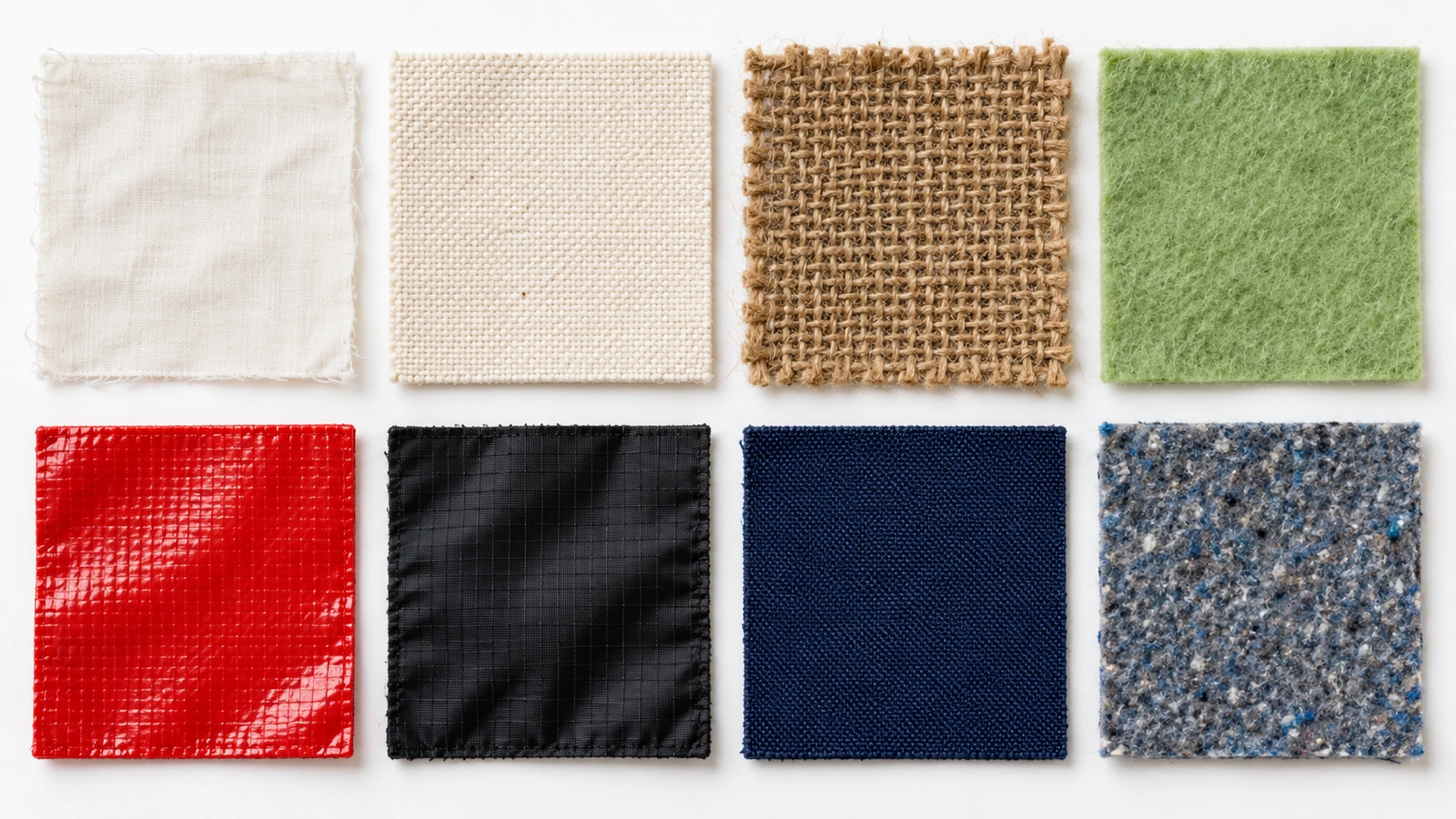 Acht Stoffmuster für Tote Bags in einem Raster: Baumwolle, Canvas, Jute, Non-Woven-PP, kaschiertes PP, Nylon, Polyester und recyceltes Polyester