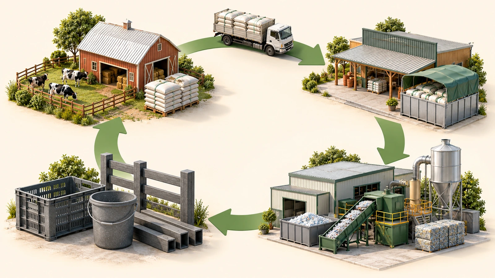 Kreislaufschema der Rücknahme mit Hof, Händler-Sammelbehälter, Recyclinganlage und neuen Produkten, verbunden durch Pfeile