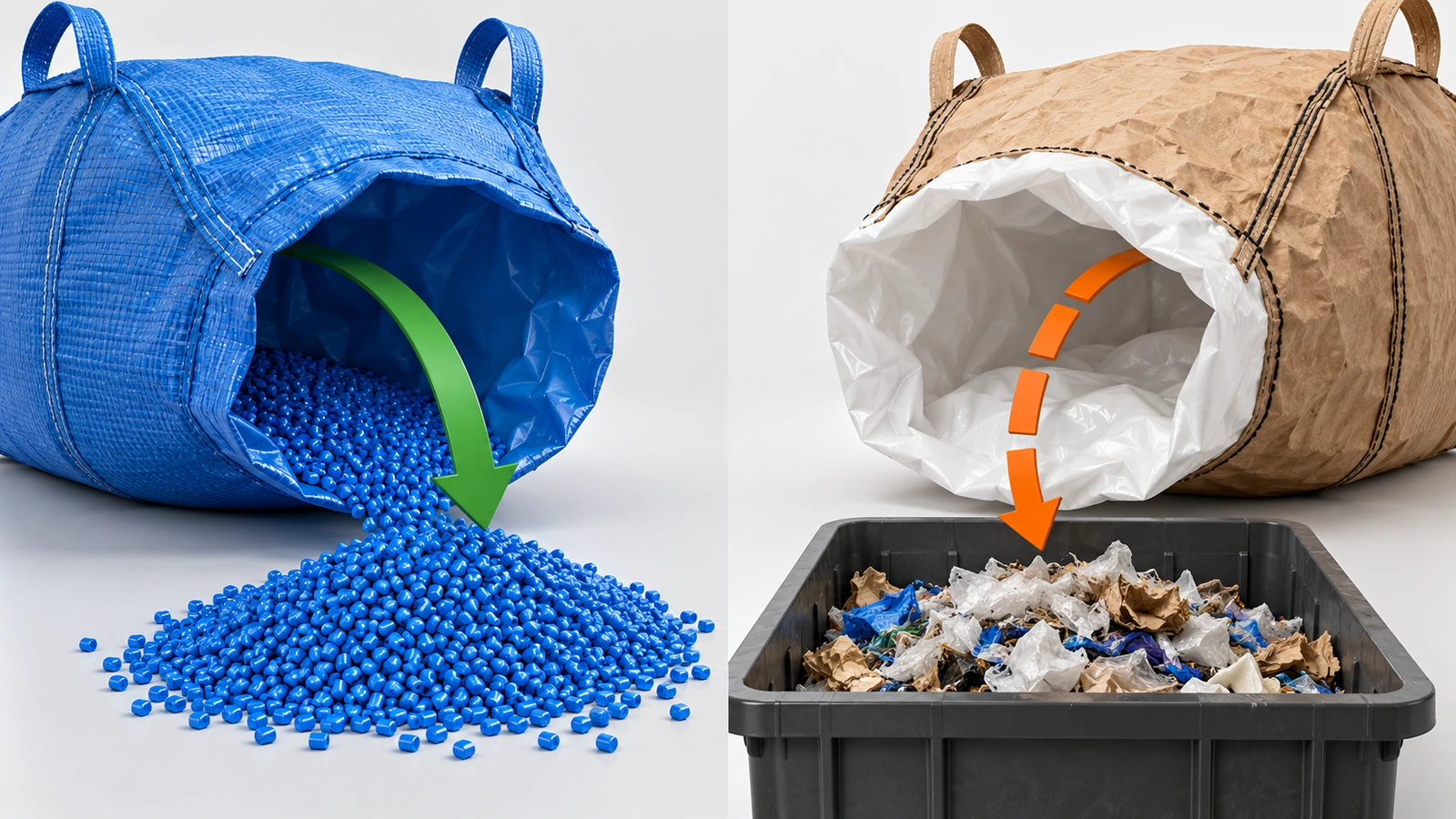 Nebeneinander-Vergleich eines einfarbigen Monomaterial-Gewebesacks und eines mehrfarbigen Mischmaterial-Sacks, mit Pfeilen, die den einen Weg zu einem Pelletstapel und den anderen zu einem Ausschussbehälter zeigen