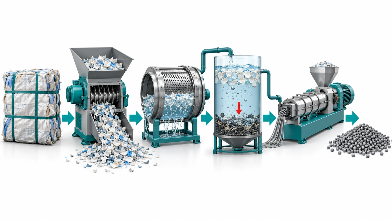 Flussdiagramm des Futtersack-Recyclings von gepressten Säcken über Schreddern, Waschen, einen Schwimm-Sink-Tank und Extrusion bis zu Recycling-Pellets