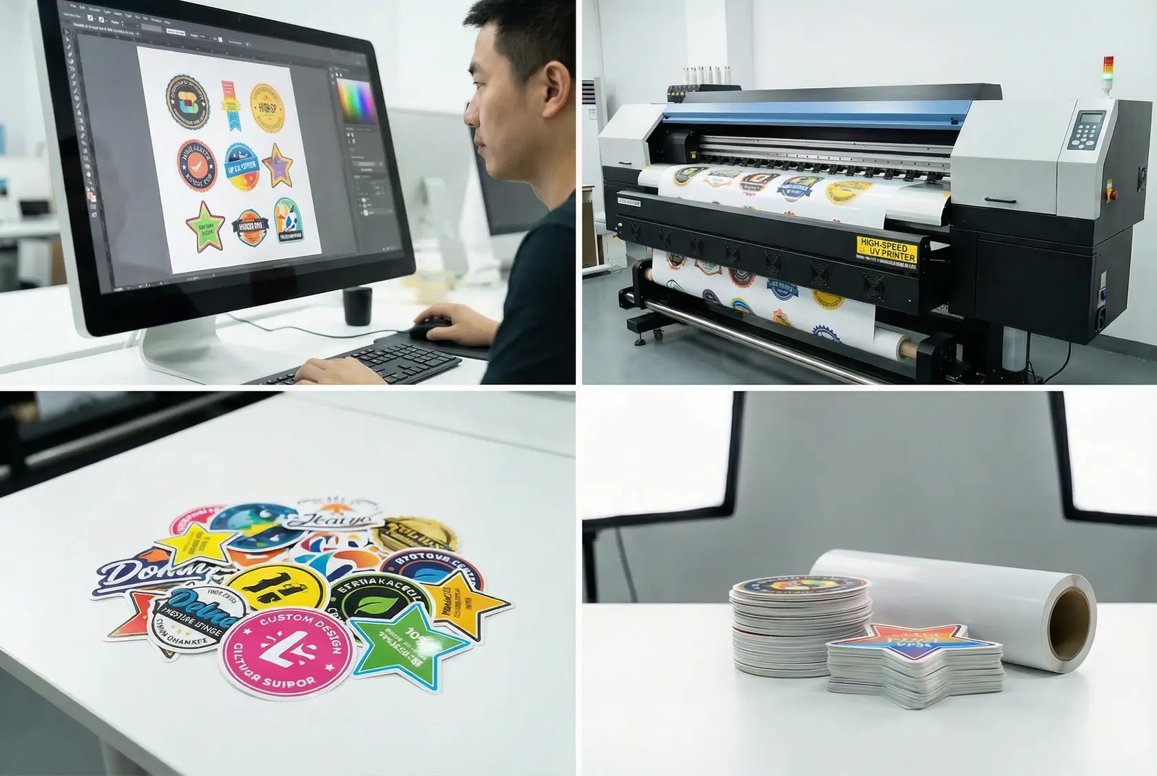 Kundenspezifischer Stickerdruckprozess zeigt die Transformation vom digitalen Design zum fertigen Vinylaufkleber