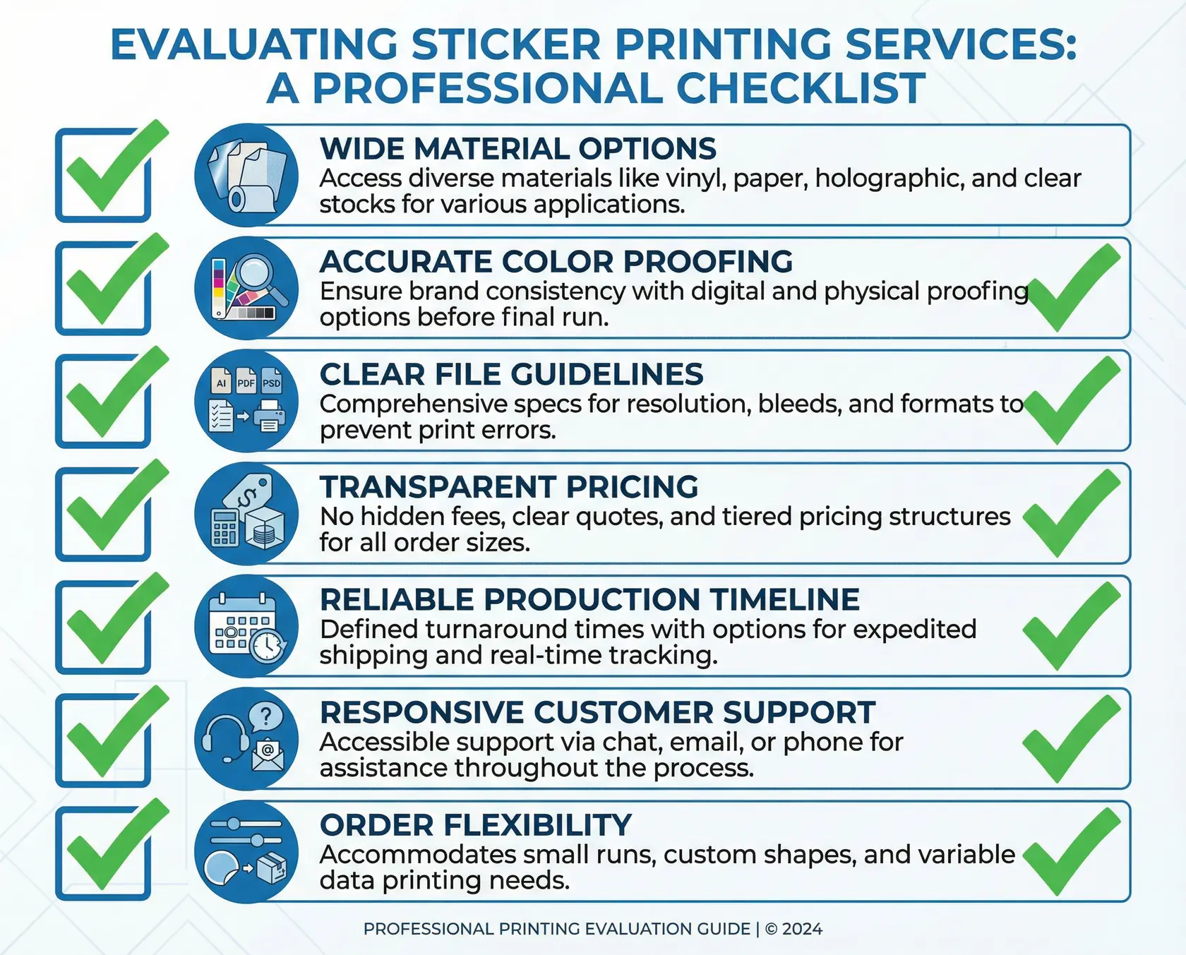 Checkliste zur Bewertung kundenspezifischer Stickerdruckdienste mit Schlüsselkriterien
