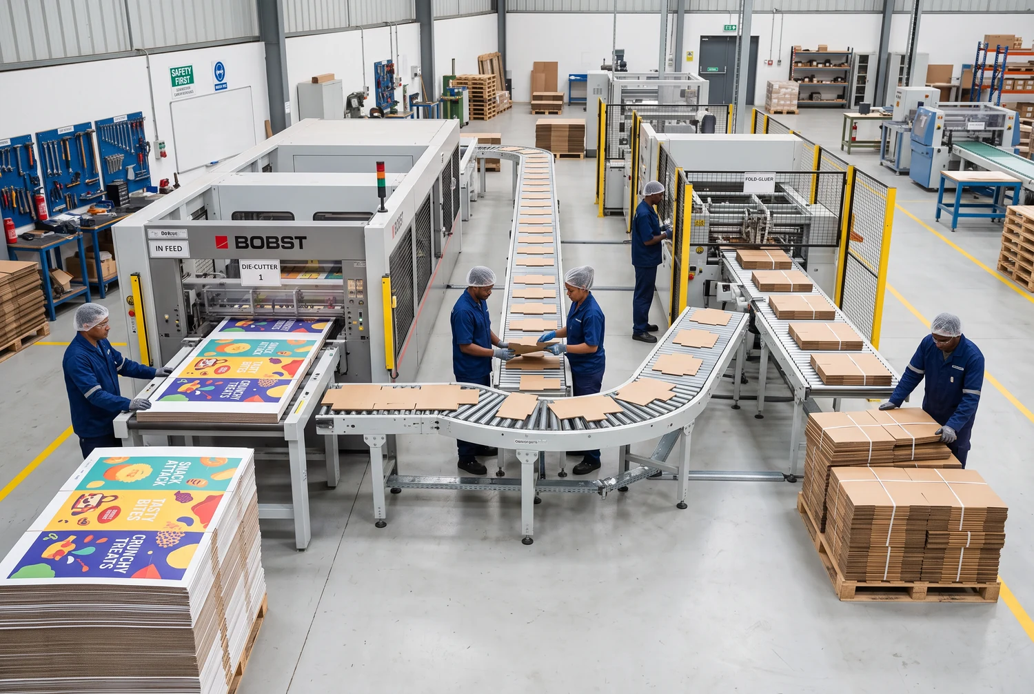 Arbeiter neben Maschinen zur Kartonverarbeitung, bedruckte Bogen und Stapel flacher Pappbogen