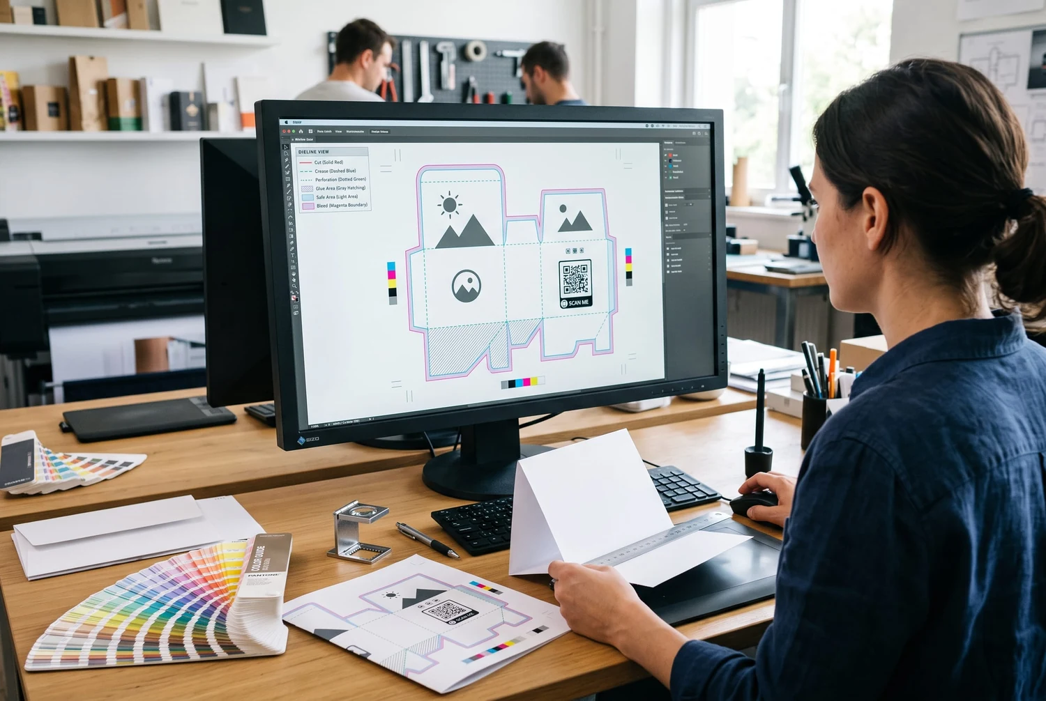 Verpackungsdesigner prüft die Stanzkontur eines Thekendisplays auf Anschnitt, Rillen, Klebeflächen, Farben, Schriften und QR-Codes