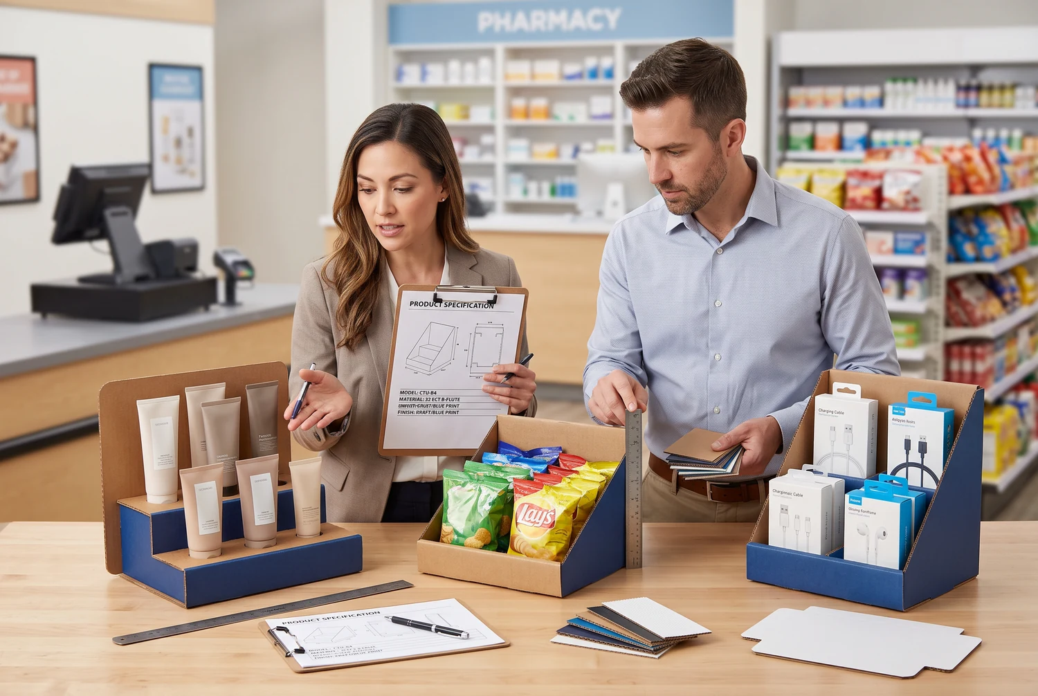 Verpackungseinkäufer prüft individuelle Thekendisplays für Kosmetik, Snacks und Zubehör in verschiedenen Verkaufsszenarien